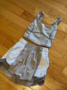 YPB (Abercrombie) Beige and White Active Crop Tank and Layered Shorts Set